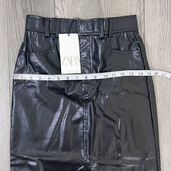 Zara Women Size XS Black Faux Leather Croc Embossed Slit Pencil Midi NEW Skirt - Picture 10 of 12
